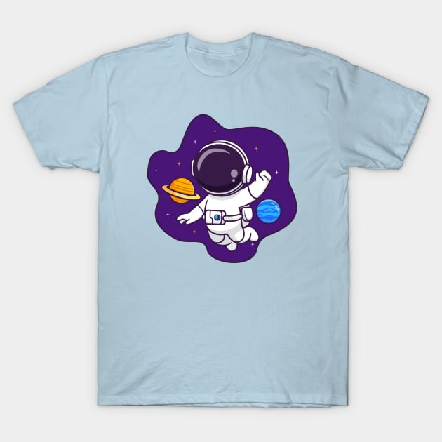 Cute Astronaut Floating In Space With Planet Cartoon T-Shirt by Catalyst Labs